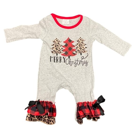 Merry Christmas Baby Girls Romper 0-3M Leopard Plaid Ruffle Cotton Blend Red Tri - Picture 1 of 2